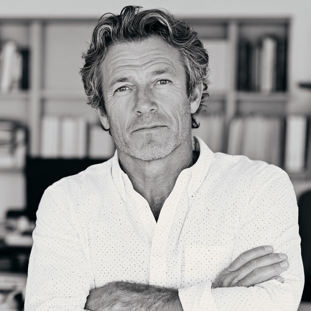 Black and white portrait of an advisor with arms crossed, bookshelves behind him