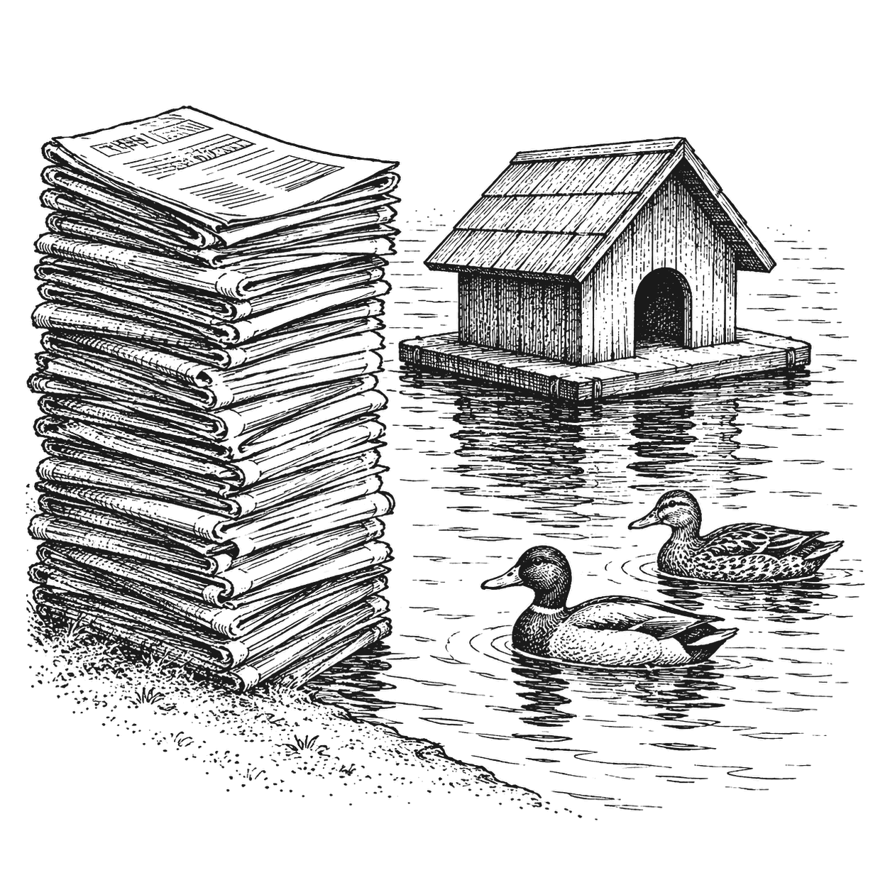 A stack of folded newspapers at the edge of a pond, with a small floating shelter and two ducks beside it.