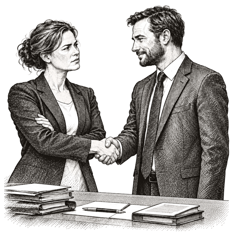 Pen and ink drawing of a person with arms folded, shaking hands anyway with the figure across from them