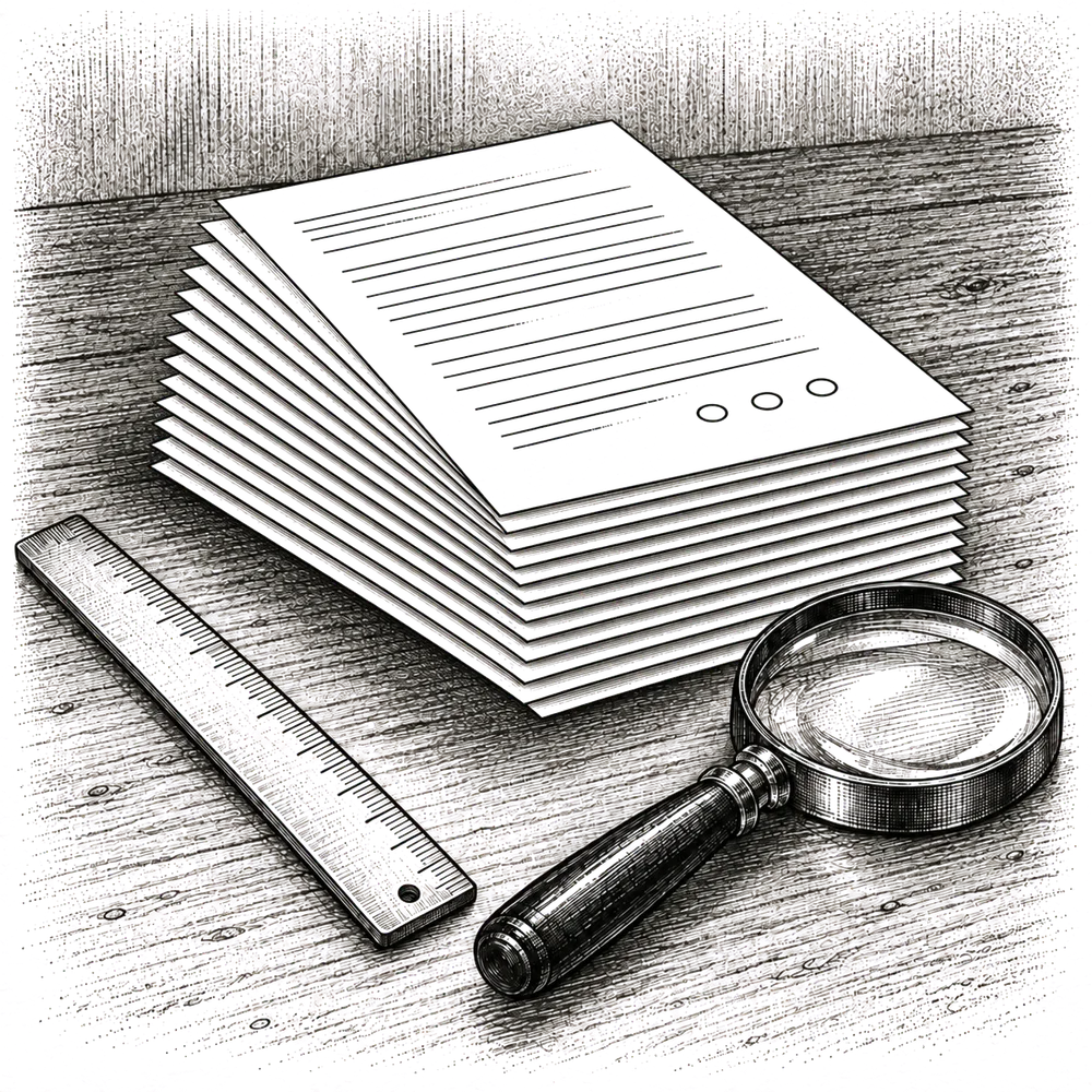 Pen and ink drawing of a stack of thirteen papers beside a ruler and a magnifying glass