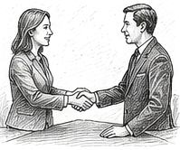 Pen and ink drawing of two people shaking hands