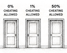 Pen and ink drawing of three doors labelled zero, one and fifty percent cheating allowed