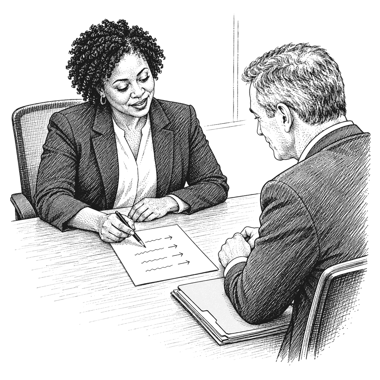 Pen and ink drawing of an advisor and a new client at a desk, the advisor pointing to a short handwritten list of where the client's documents will go