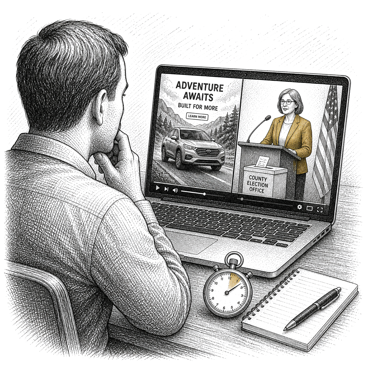 Pen and ink drawing of a laptop screen split between a car advertisement and a county official standing at a podium