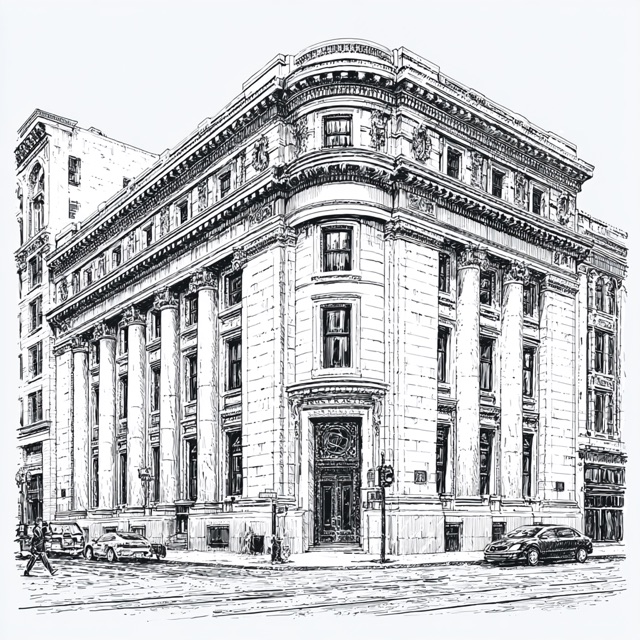 A grand bank building on a downtown corner