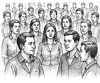 Pen and ink drawing of a large crowd of people, a handful of them stepping forward from the group
