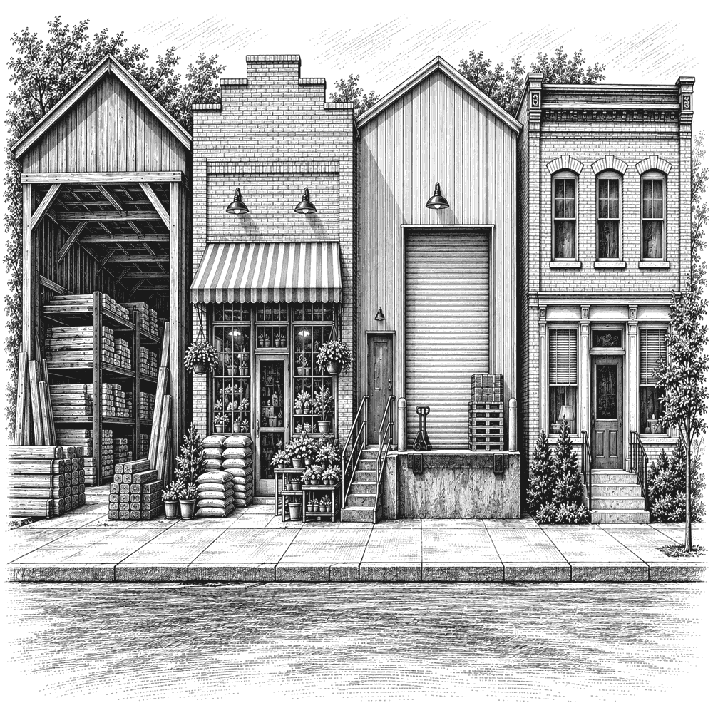 Pen and ink drawing of four small building fronts in a row: a lumber yard, a seed store, a warehouse and an office