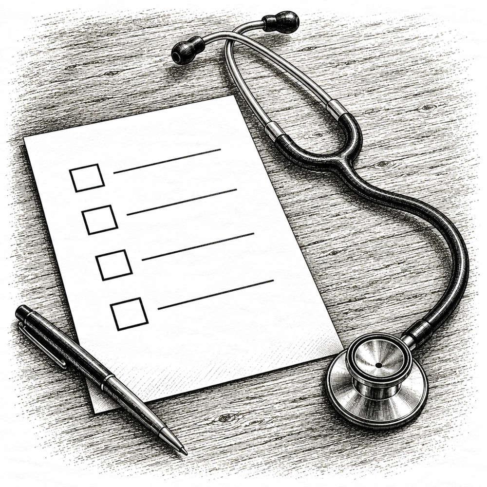 Pen and ink drawing of a short questionnaire with four tick boxes beside a stethoscope