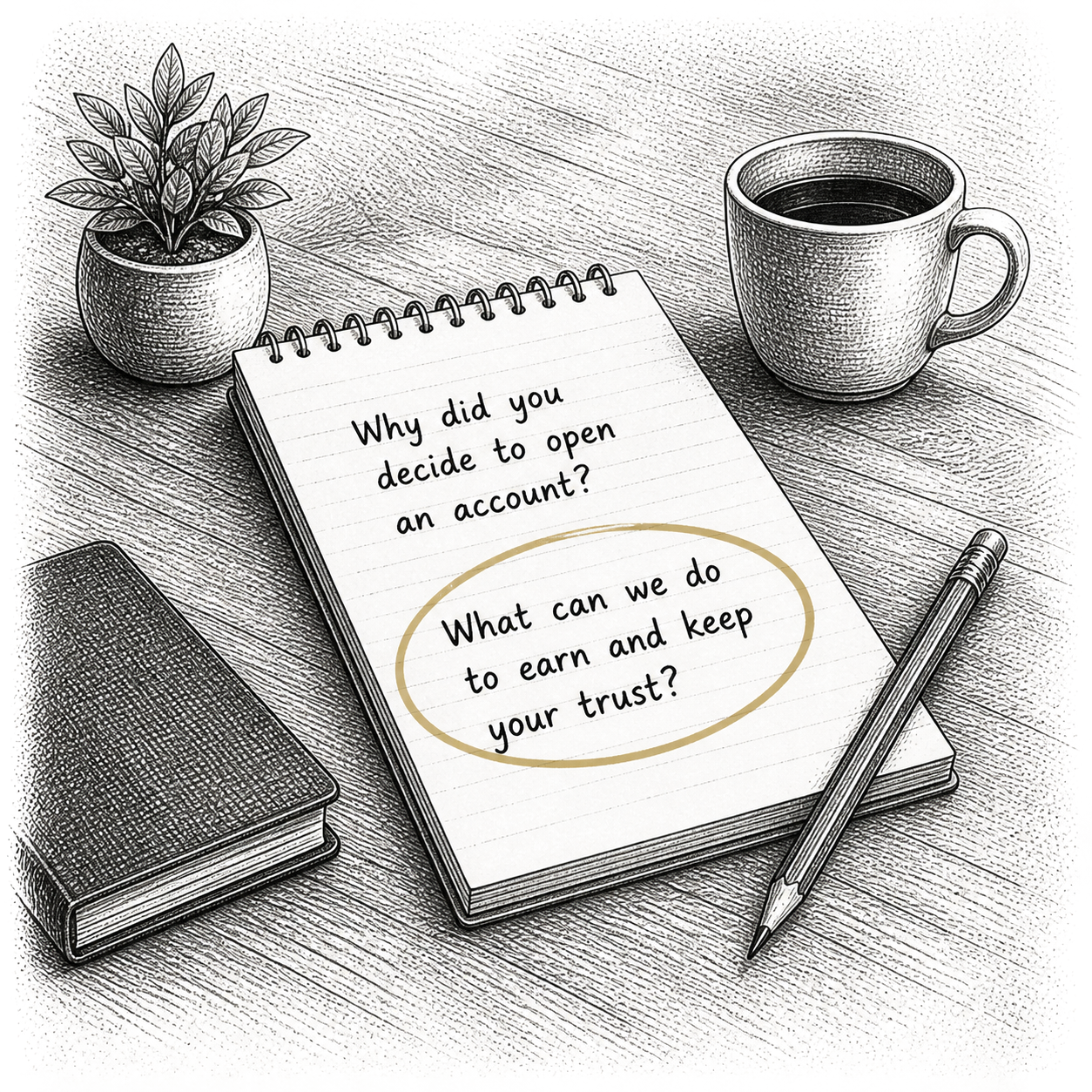 Pen and ink drawing of two questions written on a notepad, the lower one circled