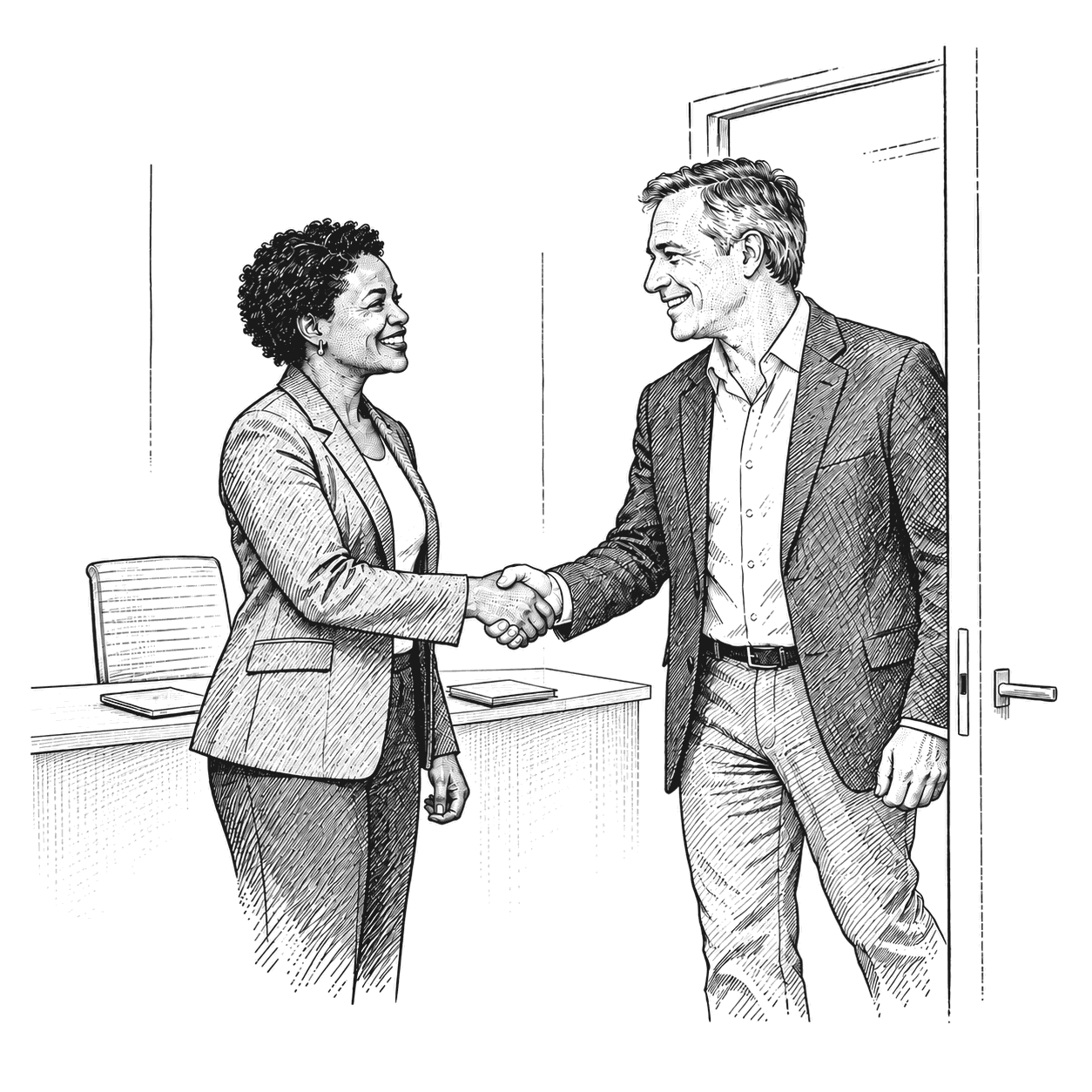 An advisor shaking hands with a new client at an office door, a closed laptop on the desk behind them.