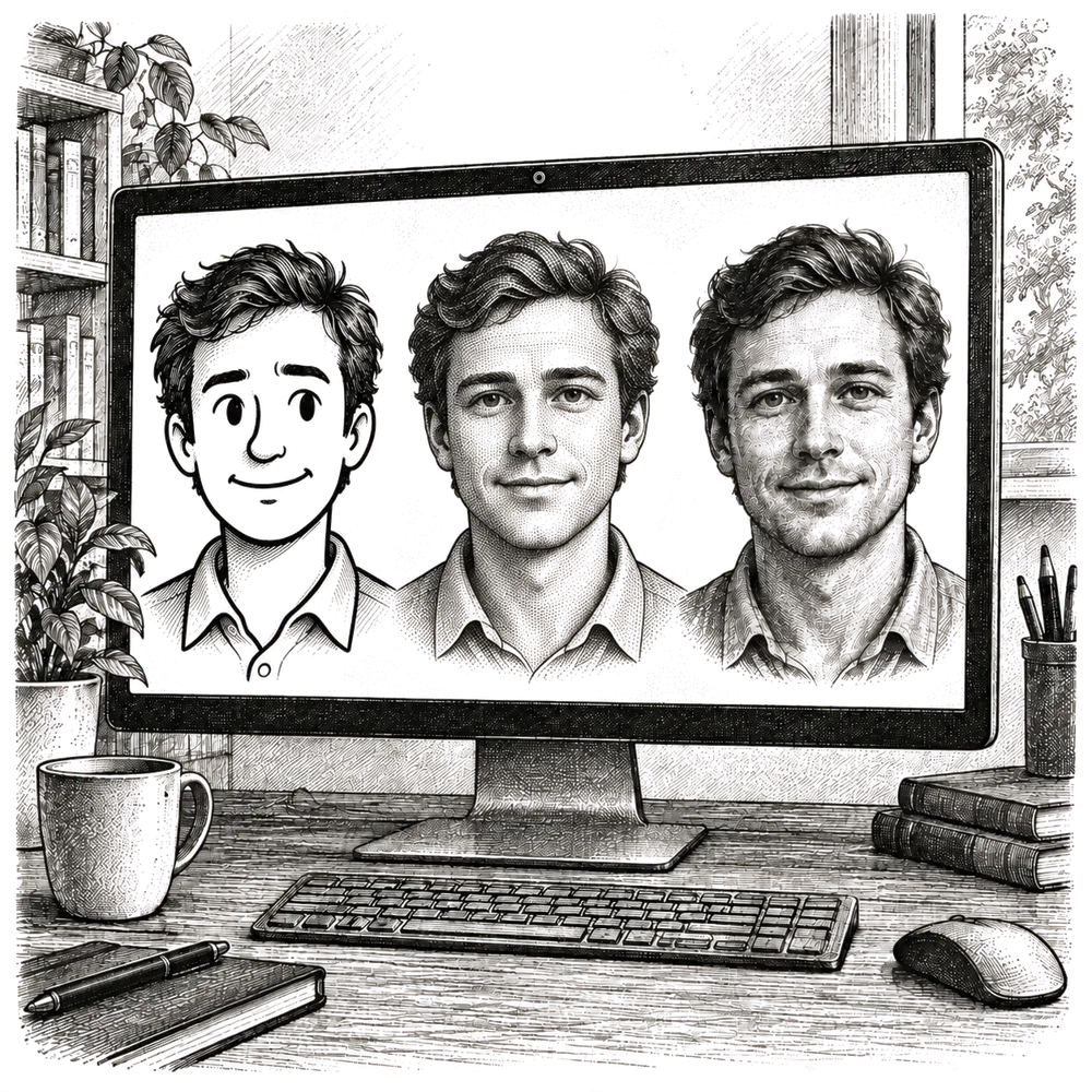 Pen and ink drawing of three faces on a screen: a cartoon, an almost-human rendering and a lifelike portrait