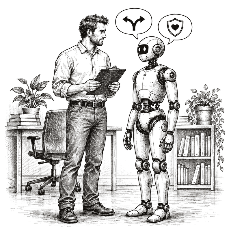 Pen and ink drawing of a supervisor with a clipboard facing a robot, two speech bubbles above it