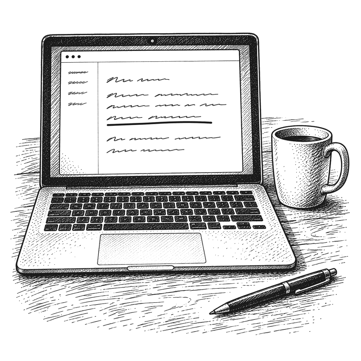 A laptop showing a short email with one line underlined, a mug and a pen beside it.
