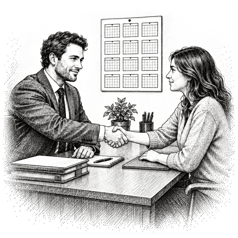 Pen and ink drawing of an advisor and a new client shaking hands across a desk, a single year calendar on the wall