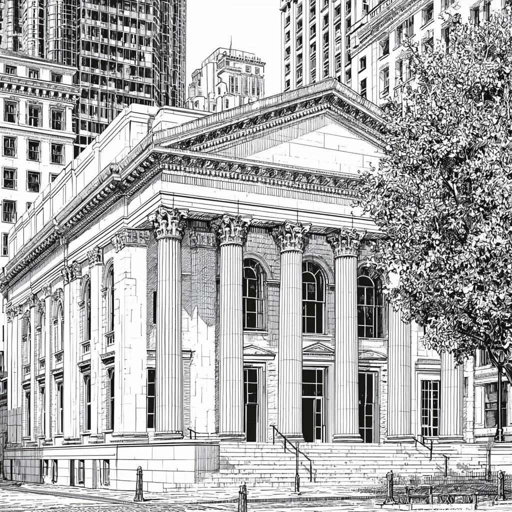 Pen sketch of a columned bank building on a downtown street
