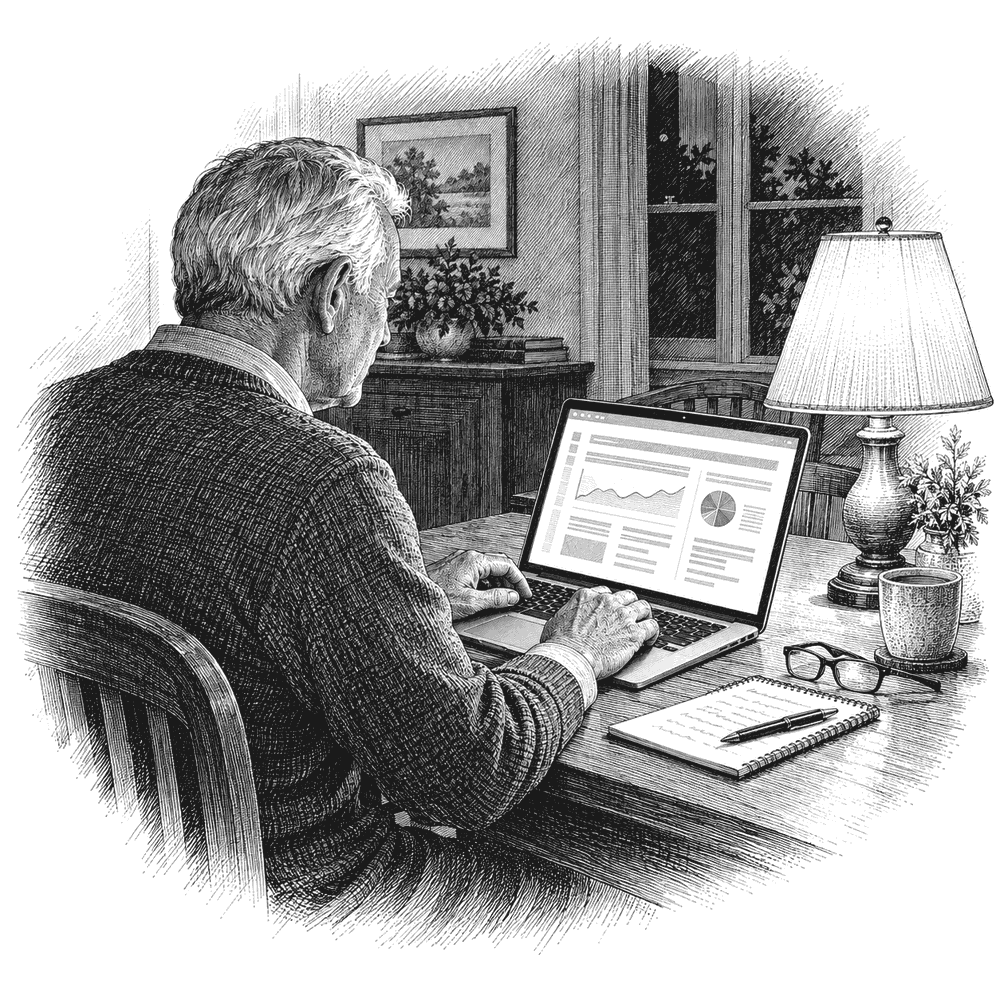 Pen and ink drawing of a client at home logging into a financial portal on a laptop, a statement on the screen