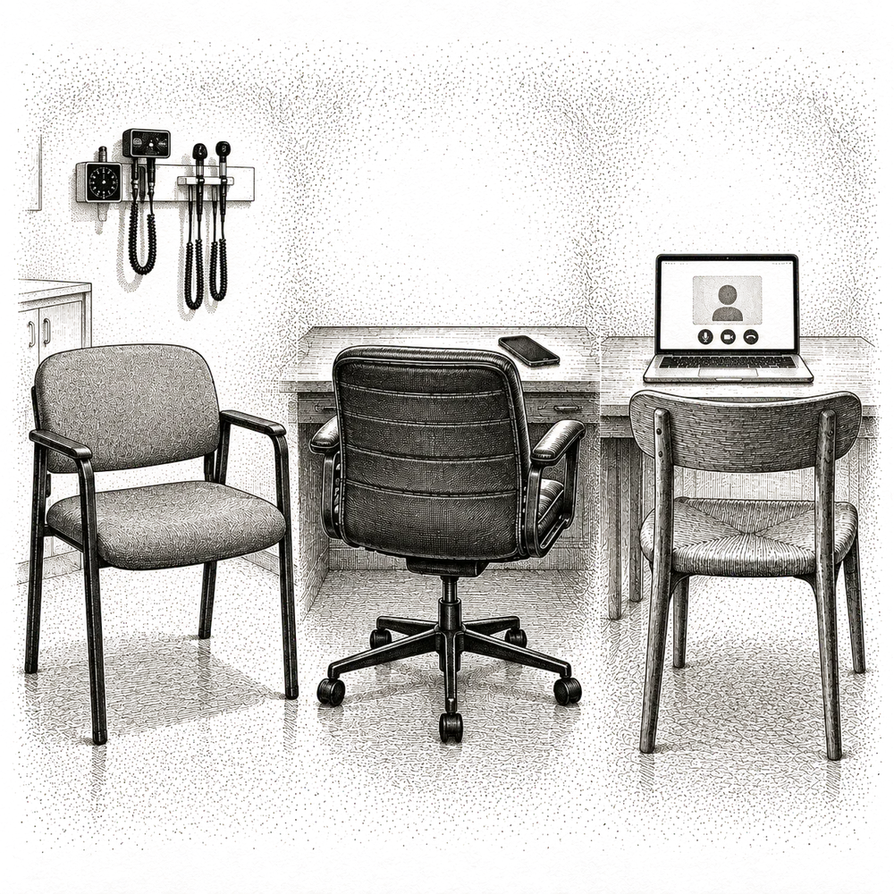 Pen and ink drawing of three chairs: one in a clinic, one at a desk with a phone, one in front of a laptop
