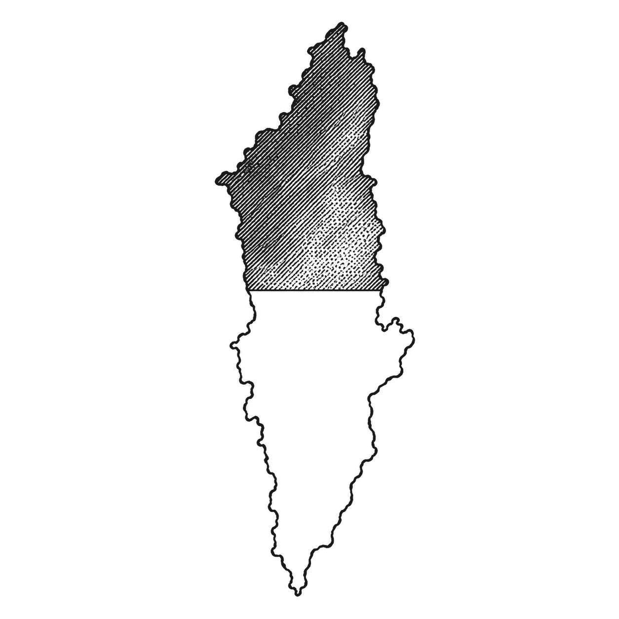 An outline map with the upper part shaded dark and the lower part plain, divided by one clean horizontal line.