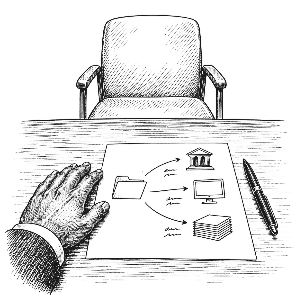 Pen and ink drawing of a one-page hand-drawn map on an advisor's desk, arrows running from a client's folder to a custodian, planning software and a reporting service