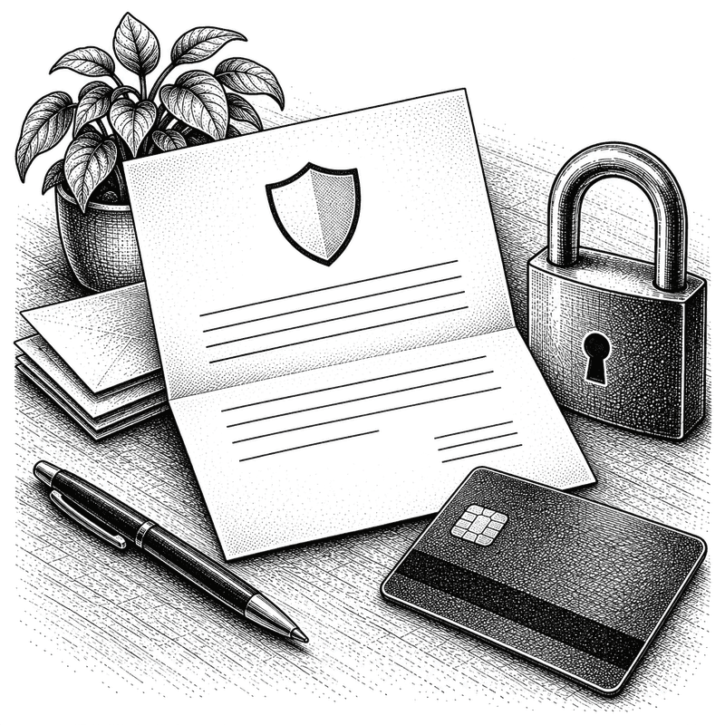 Pen and ink drawing of a letter offering identity protection lying open beside a credit card and a padlock