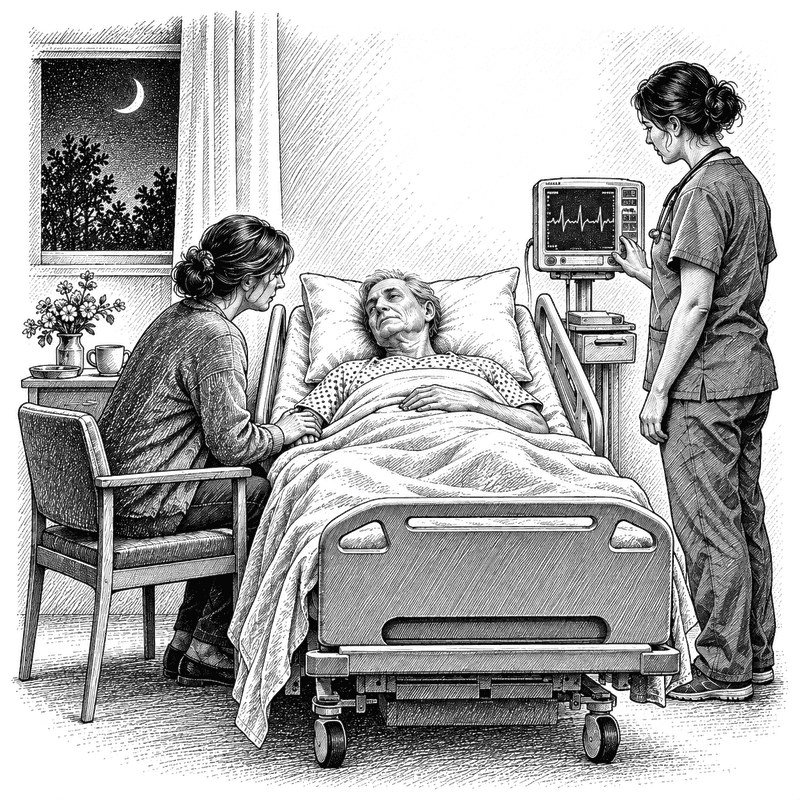 Pen and ink drawing of a dim hospital room at night, a woman at the bedside and a medical assistant standing by the monitor