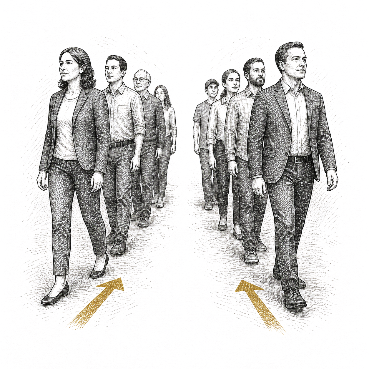 Pen and ink drawing of two separate columns of people, each stepping forward by the same short distance