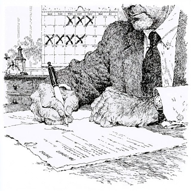 A man signs a letter at his desk, a calendar of crossed-off days behind him