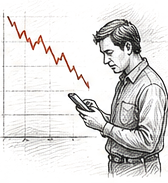 Pen and ink drawing of a man looking at a declining stock chart on his phone