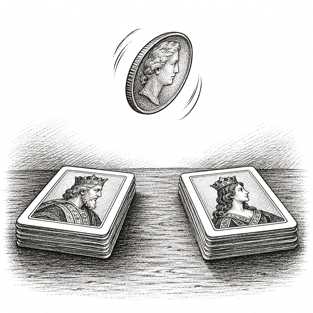 Pen and ink drawing of a coin in the air above two small piles of cards
