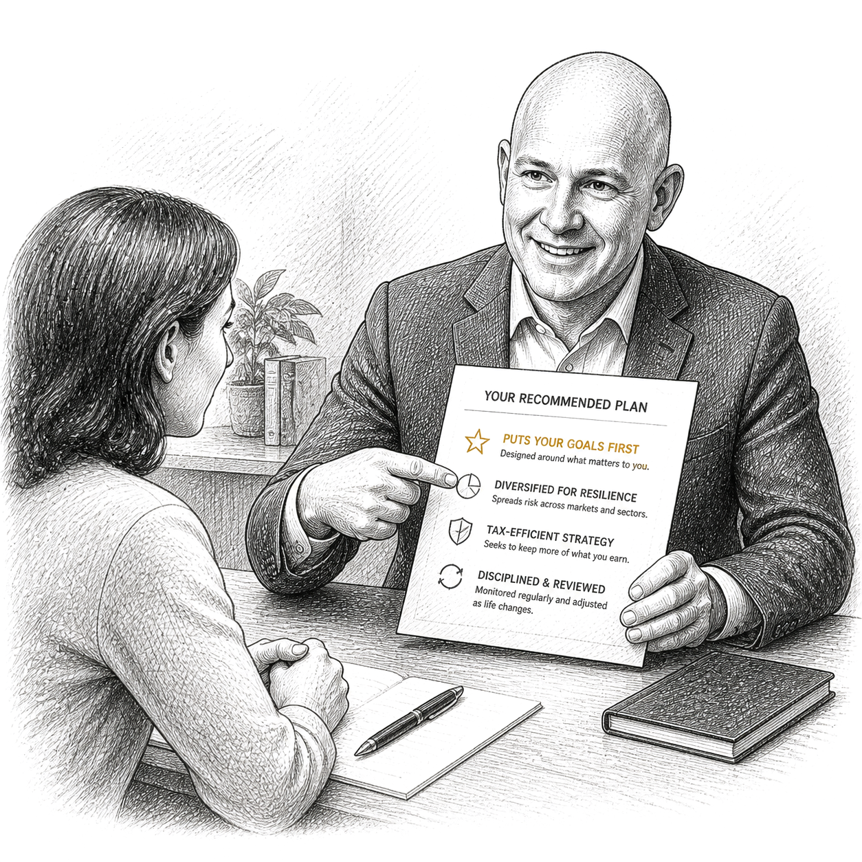 Pen and ink drawing of an advisor turning a single document around to face a client across a desk