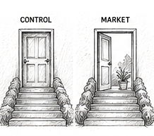 Pen and ink drawing of two doors, one labeled Control, the other Market