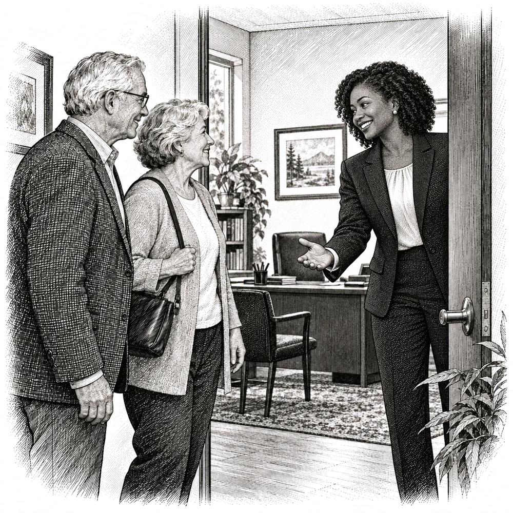 Pen and ink drawing of an advisor greeting an older couple at an office door