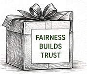 Pen and ink drawing of a gift box labeled Fairness Builds Trust