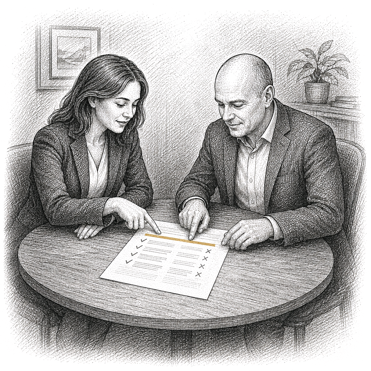 Pen and ink drawing of two people at a table reading the same document from opposite sides