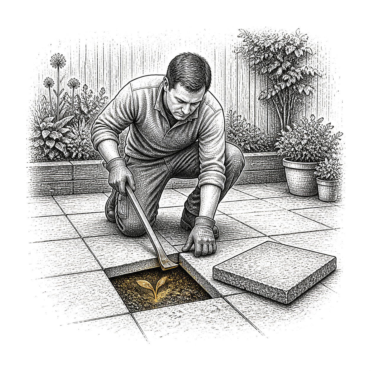 Pen and ink drawing of a man levering paving tiles out of his own garden with a crowbar