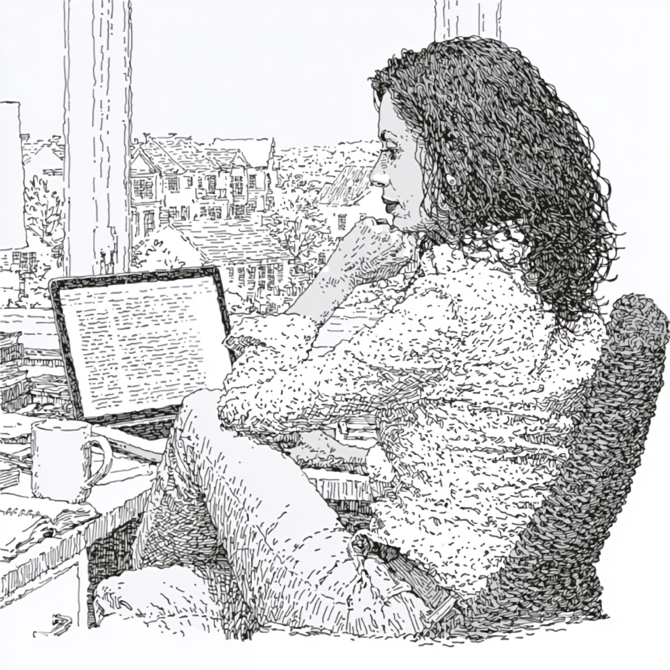Pen sketch: a reviewer leans back from her desk and laptop, gazing out the window