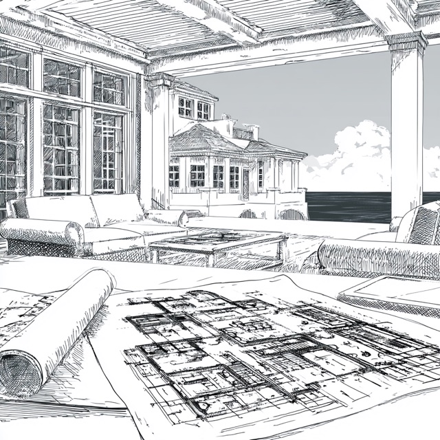 An architectural blueprint on a table overlooking the sea
