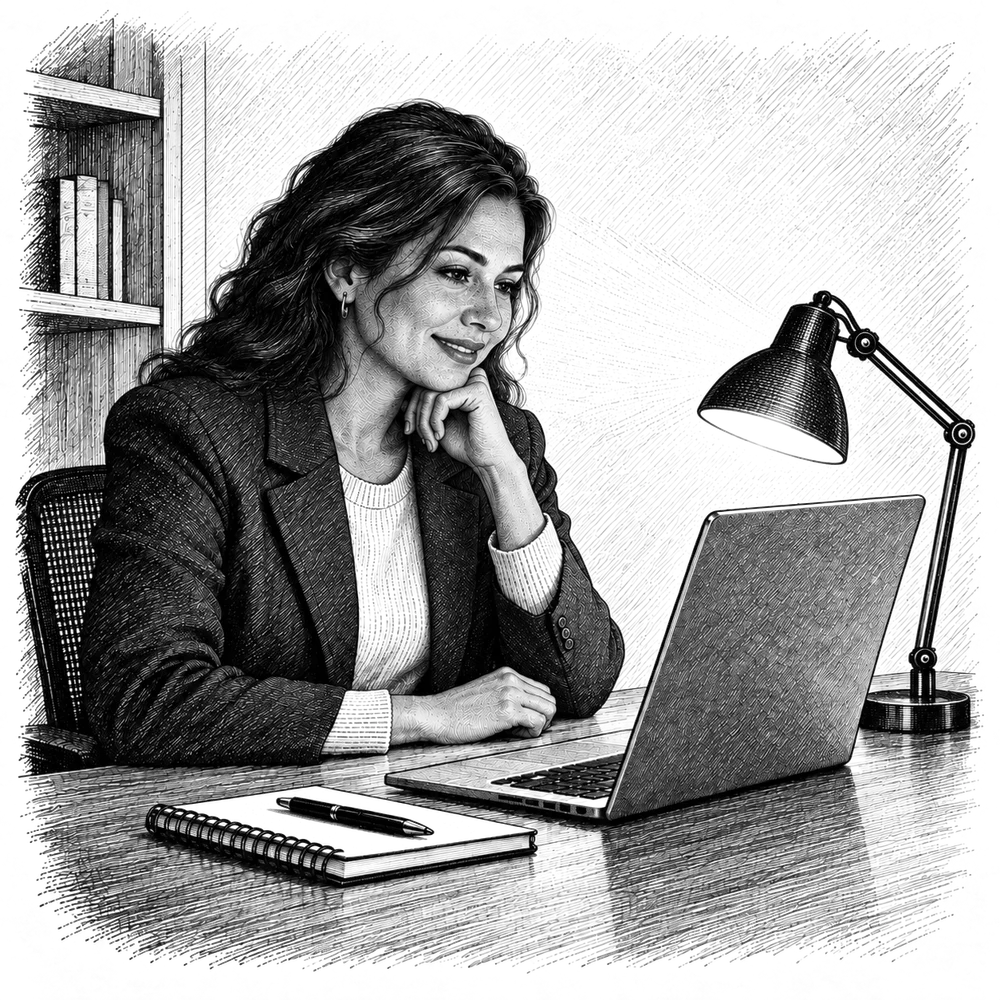 Pen and ink drawing of an advisor at a desk with a laptop and a small lamp lit toward her face