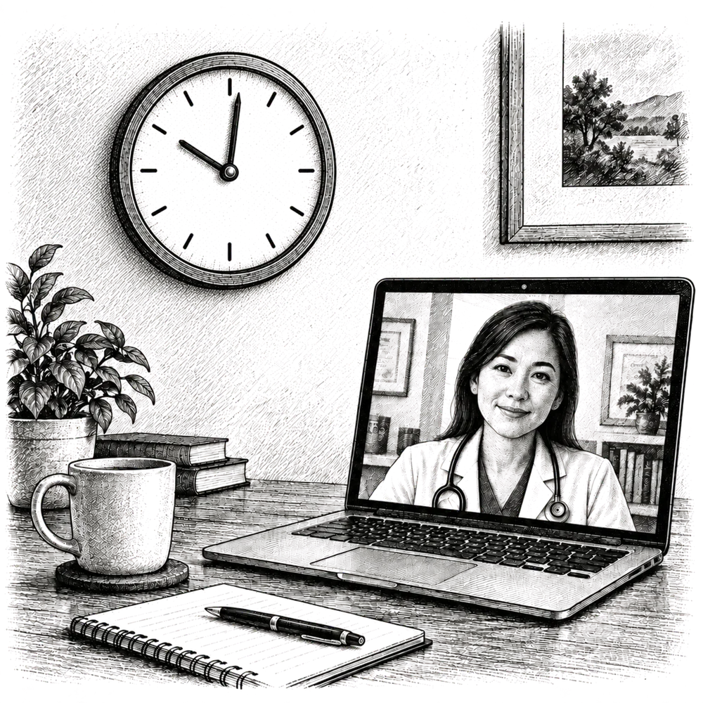Pen and ink drawing of a wall clock beside a laptop showing a doctor, the minute hand barely moved