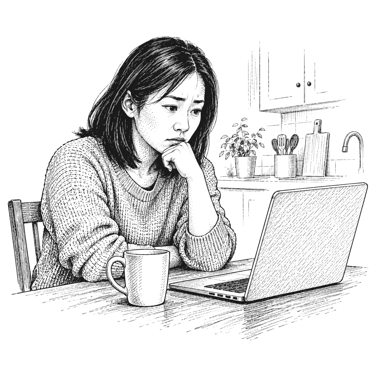 A woman at a kitchen table reading a message on a laptop from a sender whose profile picture is an empty circle.