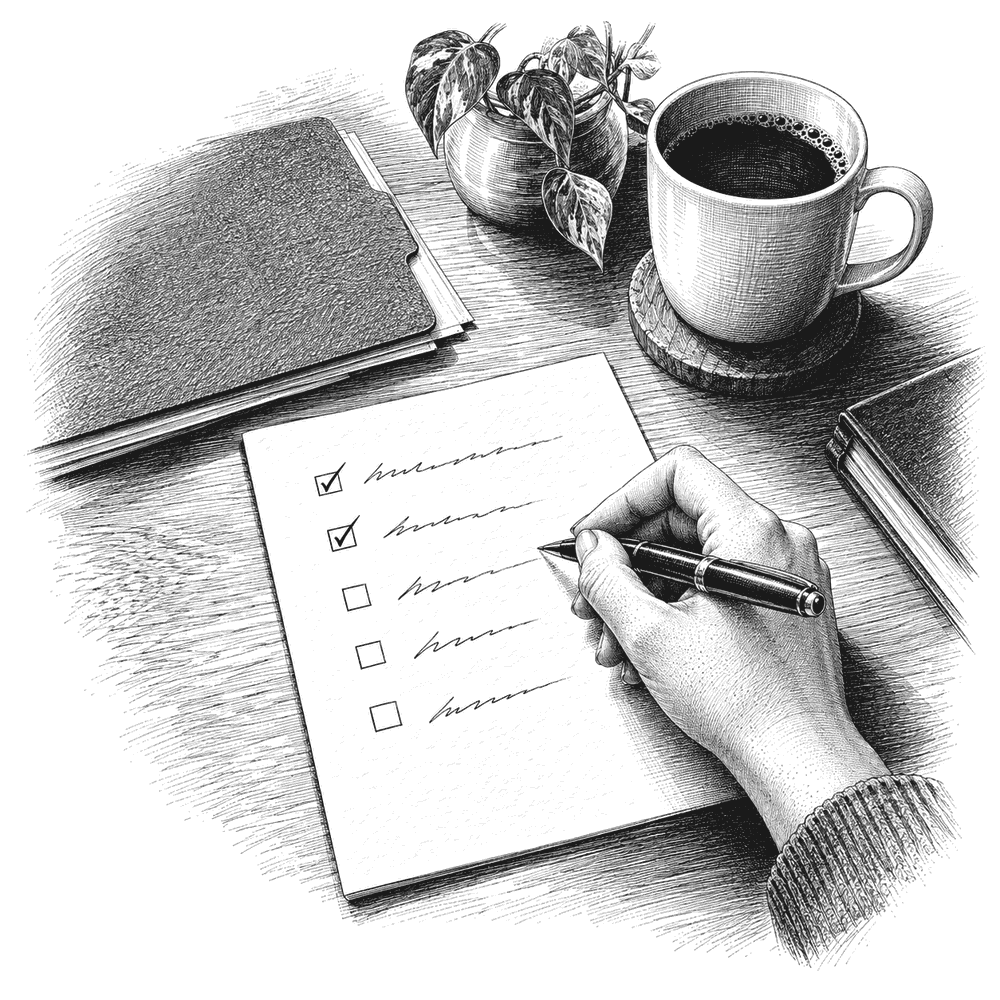 Pen and ink drawing of an advisor's handwritten follow-up note listing dated commitments, two already checked off