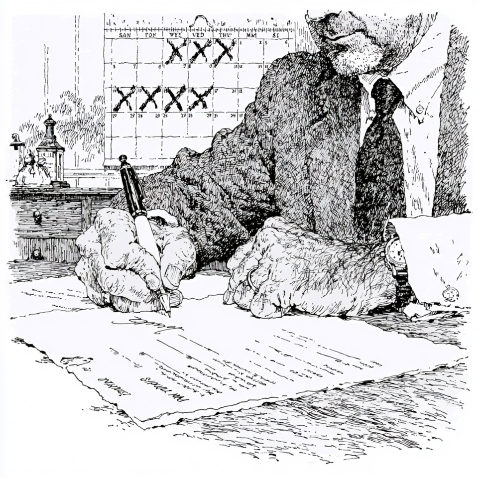 Pen sketch: a new client signs paperwork while a wall calendar behind him shows a week crossed out day by day