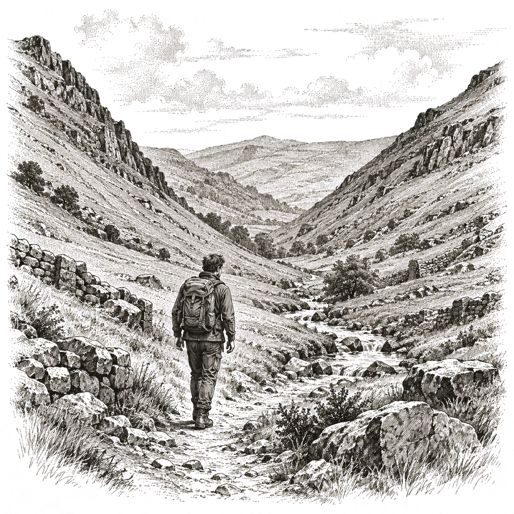 Pen and ink drawing of a walker at the bottom of a valley between two rises