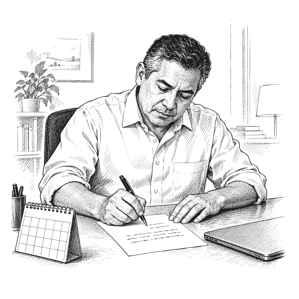 An advisor at a desk writing a note by hand, with a calendar and a closed laptop at the edge of the desk.