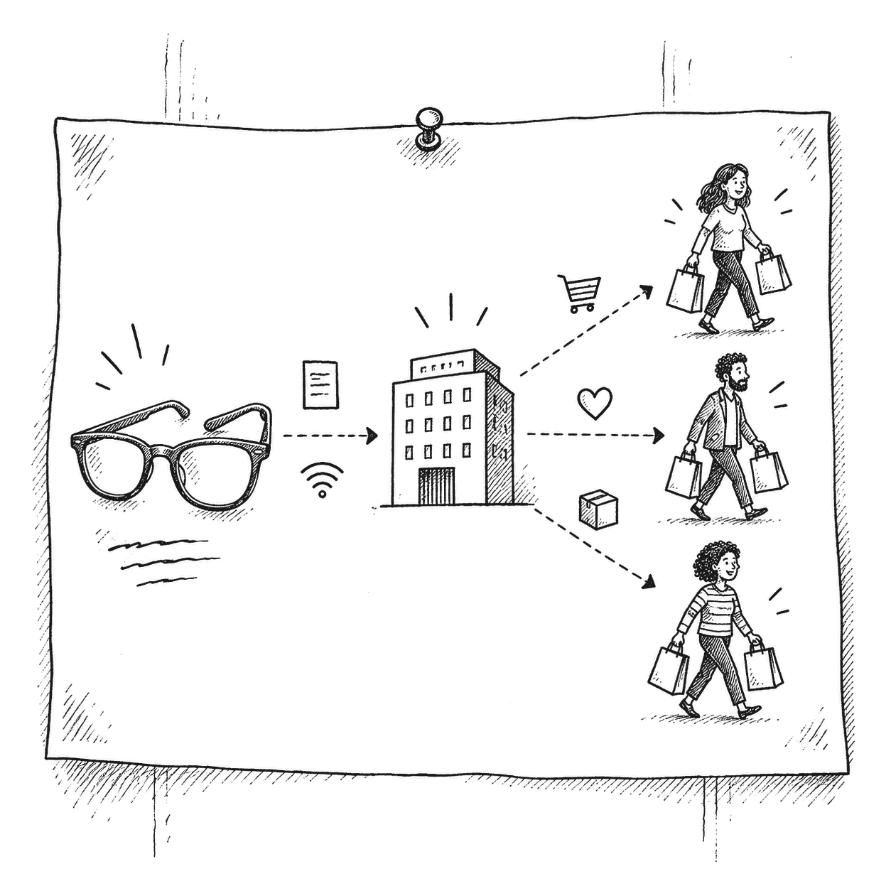 Pen and ink drawing of a simple infographic with a few icons and arrows showing personal data flowing from a pair of glasses to a company and on to advertisers