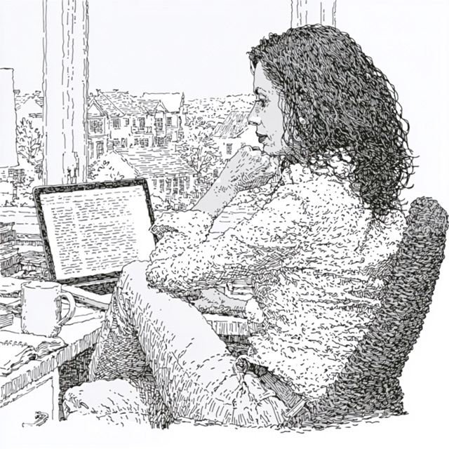 A woman pauses over her laptop at a window desk, weighing what she has just read