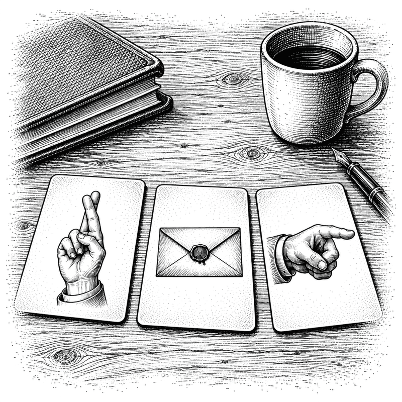 Pen and ink drawing of three cards laid face up on a table, a finger, a sealed envelope and a pointing hand