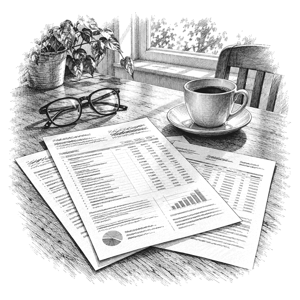 Pen and ink drawing of a custodian's account statement lying on a kitchen table beside a coffee cup