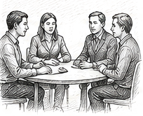 Pen and ink drawing of four people seated at a round table