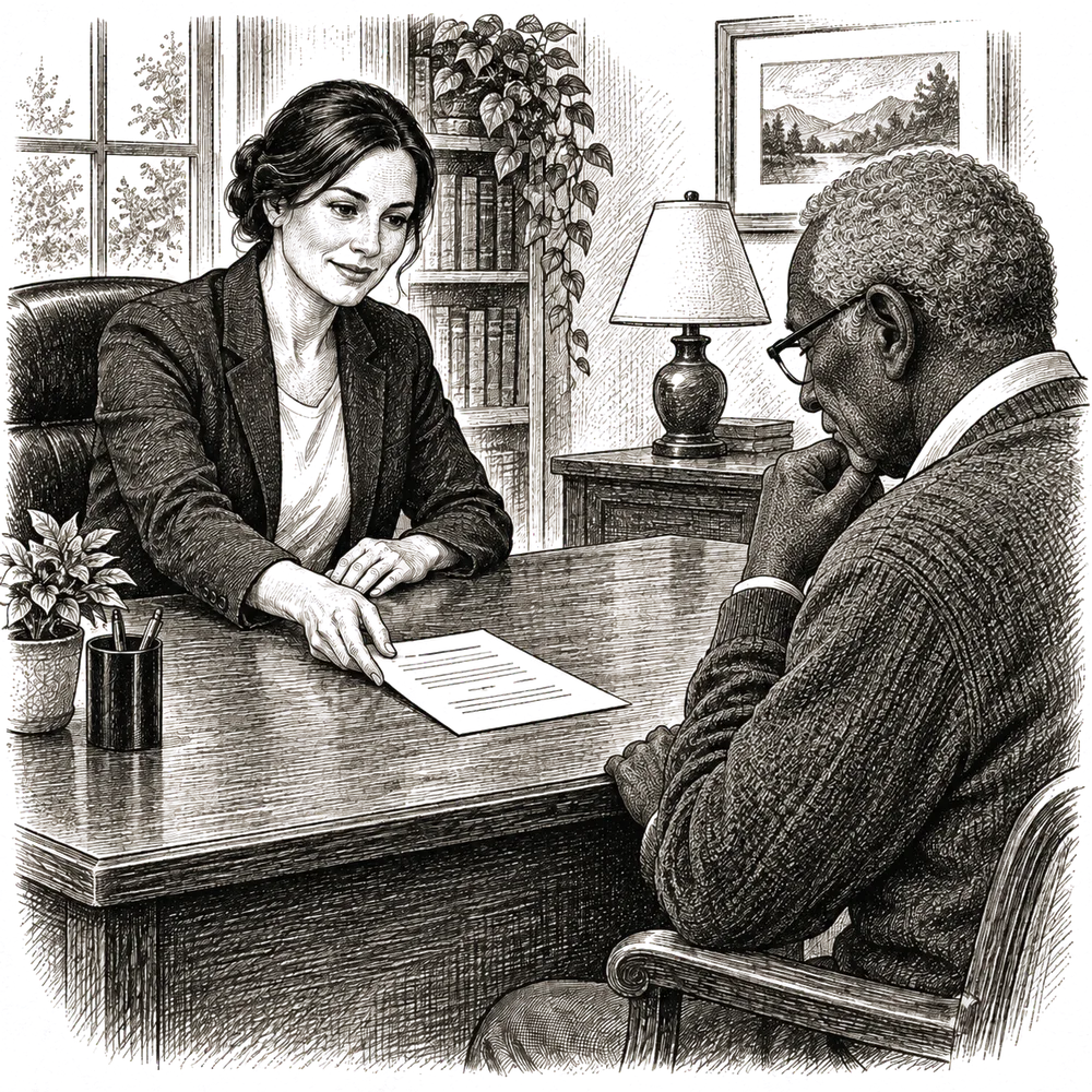 Pen and ink drawing of an advisor sliding a single page across a desk to an older client